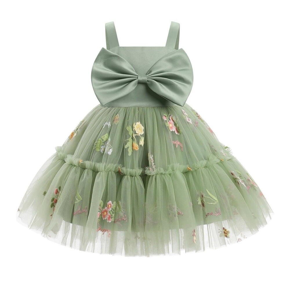 IBTOM CASTLE Girls Green Floral Tulle Bow Fit & Flare Dress 5-6Y